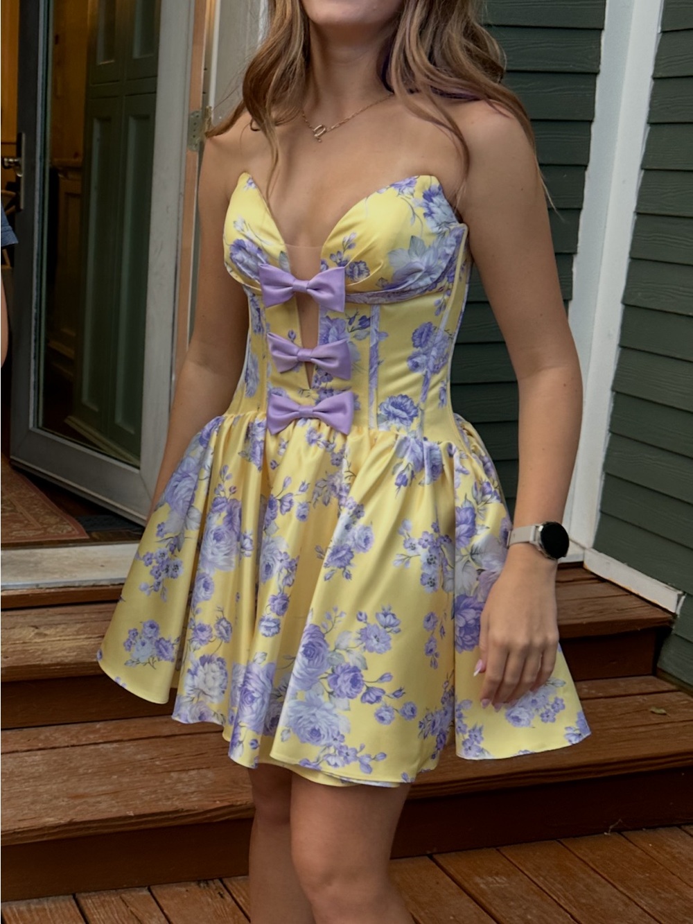 Rachel Allan Yellow Floral Sweetheart Mini Dress with Lavender Bows